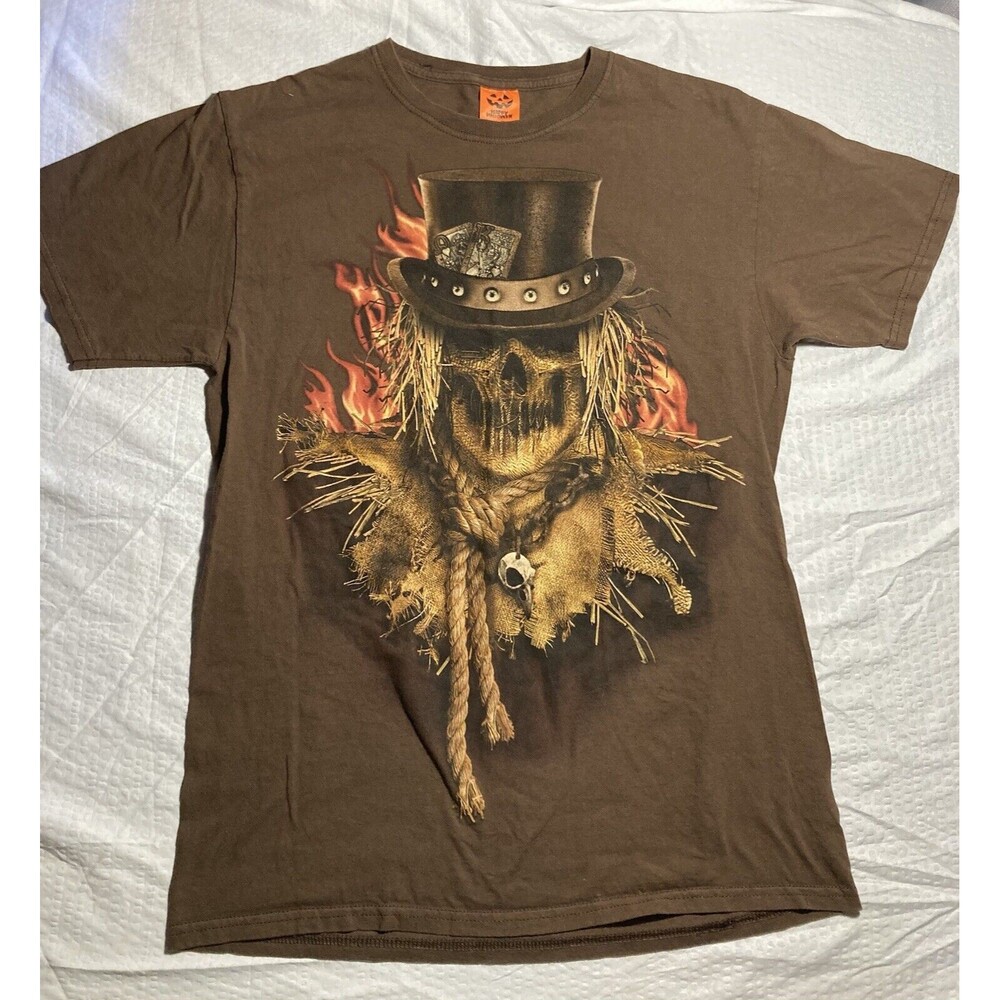 Happy Halloween T-shirt Mens Size Medium Spooky Scarecrow Brown Cotton Tee